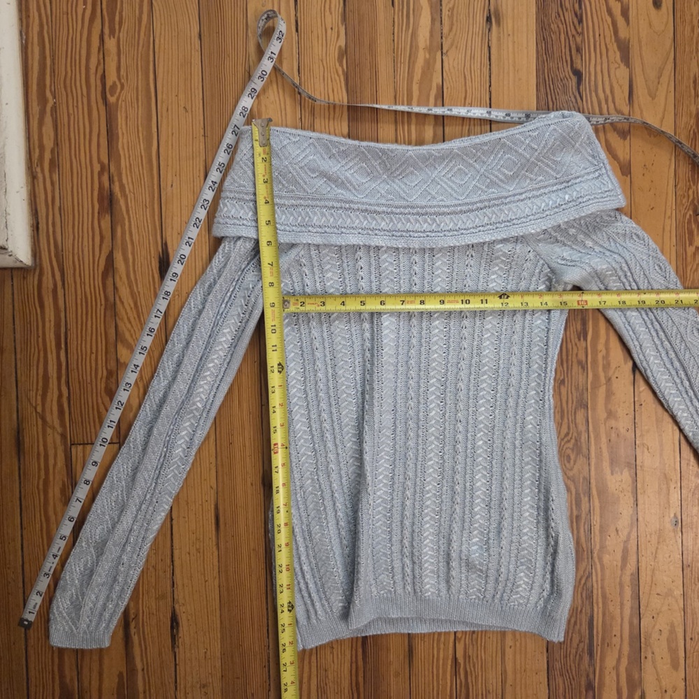 White House Black Market Gray Off-Shoulder Cable Knit Sweater - Picture 2 of 6